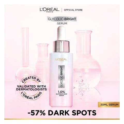 L'Oreal Paris Glycolic Bright Instant Glowing Serum, Reduces 57% Dark Spots, 30ml - Anti-Dark, Spot Brightening Face Serum